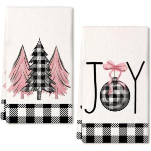 imageARKENY Christmas Kitchen Towels Set of 2Black Buffalo Plaid Xmas Tree Dish Towels 18x26 Inch Drying DishclothFarmhouse Home Decoration AD008Pink