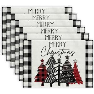 imageARKENY Merry Christmas Placemats 12x18 Inches Set of 6 Xmas Tree Seasonal Farmhouse Burlap Buffalo Plaid Indoor Kitchen Dining Table Decorations for Home Party AP1936