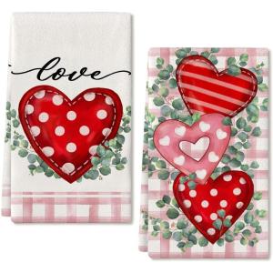 imageARKENY Valentine Day Kitchen Towels Set of 2Pink Buffalo Plaid Red Polka dot Heart Eucalyptus Dish Towels 18x26 Inch Drying DishclothFarmhouse Home Wedding Decoration AD170