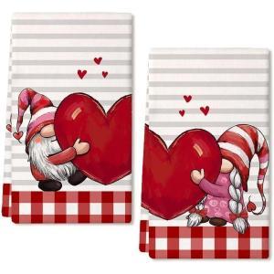 imageARKENY Valentines Day Kitchen Towels Red Heart Dish Towels 18x26 Inch Ultra Absorbent Wedding Drying Cloth Gnome Sign Hand Towel for Valentine Decorations Set of 2