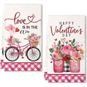 imageARKENY Valentines Day Kitchen Towels Set of 2Pink Flower Vase Happy Valentines Sign Dish Towels 18x26 Inch Drying DishclothFarmhouse Home Wedding Decoration AD168