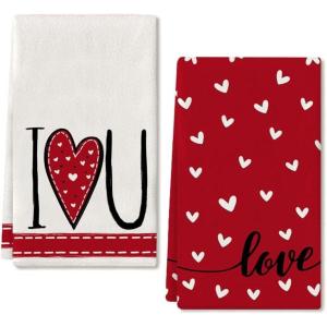 imageARKENY Valentines Day Kitchen Towels Set of 2Pink Heart I Love U Sign Dish Towels 18x26 Inch Drying DishclothFarmhouse Home Wedding Decoration AD150Red I Love U