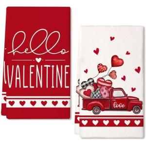 imageARKENY Valentines Day Kitchen Towels Set of 2Red Buffalo Plaid Heart Truck Dish Towels 18x26 Inch Drying DishclothFarmhouse Home Wedding Decoration AD166