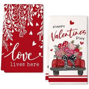 imageARKENY Valentines Day Kitchen Towels Set of 2Red Buffalo Plaid Truck Love Leaves Dish Towels 18x26 Inch Drying DishclothFarmhouse Home Wedding Decoration AD167