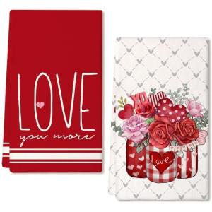 imageARKENY Valentines Day Kitchen Towels Set of 2Red Flower Vase Eucalyptus Leaves Love Sign Dish Towels 18x26 Inch Drying DishclothFarmhouse Home Wedding Decoration AD182