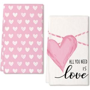 imageARKENY Valentines Day Kitchen Towels Set of 2Red Heart Love Dish Towels 18x26 Inch Drying DishclothFarmhouse Home Decoration AD133Pink