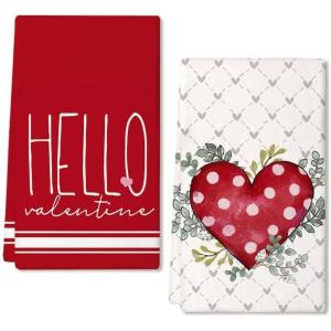 imageARKENY Valentines Day Kitchen Towels Set of 2Red Polka dot Heart Eucalyptus Leaves Dish Towels 18x26 Inch Drying DishclothFarmhouse Home Wedding Decoration AD181