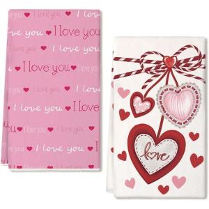 imagePink I Love U Valentines Day Kitchen Towels Set of 2Heart Dish Hand Towels Holiday Anniversary Wedding Seasonal Decorations DD062