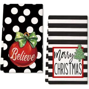 imageARKENY Christmas Dish Towels for Christmas Decor White Polka dot Xmas Kitchen Towels 18x26 Inch Red Bell Washcloths Seasonal Merry Christmas Hand Towel for Cooking Set of 2 AD024