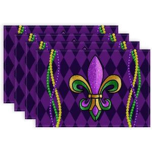 imageARKENY Mardi Gras Carnival Placemats 12x18 Inches Set of 4 Fleur De Lis Purple Seasonal Farmhouse Burlap Indoor Kitchen Dining Table Decorations for Home Party AP03018