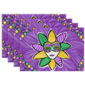 imageARKENY Mardi Gras Carnival Placemats 12x18 Inches Set of 4 Mask Beads Purple Seasonal Farmhouse Burlap Indoor Kitchen Dining Table Decorations for Home Party AP5524
