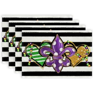 imageARKENY Mardi Gras Placemats 18x12 Inches Set of 4 Fleur De Lis Carnival Table Decor Stripe Burlap Farmhouse Indoor Outdoor Holiday Decoration Mats for Home Party