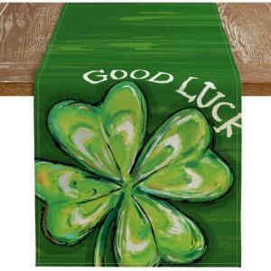 imageARKENY St Patricks Day Table Runner 13x72 Inches Green Shamrock Good Luck Spring Seasonal Farmhouse Burlap Indoor Kitchen Dining Table Decorations for Home Party AT54072