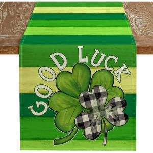 imageARKENY St Patricks Day Table Runner 13x72 Inches Green Shamrock Good Luck Spring Seasonal Farmhouse Burlap Indoor Kitchen Dining Table Decorations for Home Party AT53872