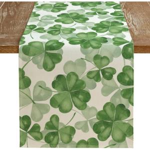 imageARKENY St Patricks Day Table Runner 13x72 Inches Green Shamrock Lucky Spring Seasonal Farmhouse Burlap Indoor Kitchen Dining Table Decorations for Home Party AT07472