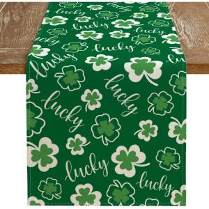 imageARKENY St Patricks Day Table Runner 13x72 Inches Green Shamrock Lucky Spring Seasonal Farmhouse Burlap Indoor Kitchen Dining Table Decorations for Home Party AT53772