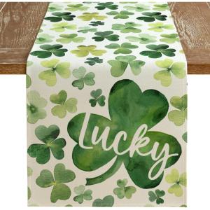 imageARKENY St Patricks Day Table Runner 13x72 Inches Green Shamrock Lucky Spring Seasonal Farmhouse Burlap Indoor Kitchen Dining Table Decorations for Home Party AT54272