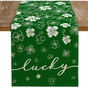 imageARKENY St Patricks Day Table Runner 13x72 Inches Green Shamrock Lucky Spring Seasonal Farmhouse Burlap Indoor Kitchen Dining Table Decorations for Home Party AT55172