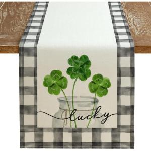 imageARKENY St Patricks Day Table Runner 13x72 Inches Green Shamrock Mason Jar Lucky Spring Seasonal Farmhouse Buffalo Plaid Burlap Indoor Kitchen Dining Table Decorations for Home Party AT54772