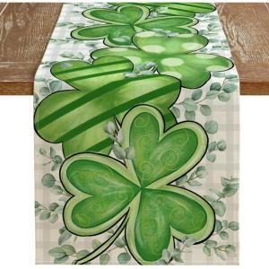 imageARKENY St Patricks Day Table Runner 13x72 Inches Green Shamrock Spring Seasonal Farmhouse Buffalo Plaid Burlap Indoor Kitchen Dining Table Decorations for Home Party AT38672