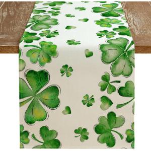 imageARKENY St Patricks Day Table Runner 13x72 Inches Green Shamrock Spring Seasonal Farmhouse Burlap Indoor Kitchen Dining Table Decorations for Home Party AT54972