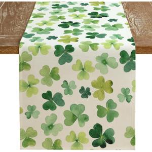 imageARKENY St Patricks Day Table Runner 13x72 Inches Shamrock Green Spring Seasonal Farmhouse Burlap Indoor Kitchen Dining Table Decorations for Home Party AT39372