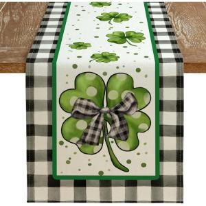 imageARKENY St Patricks Day Table Runner 13x72 Inches Shamrock Lucky Bow Spring Seasonal Farmhouse Buffalo Plaid Burlap Indoor Kitchen Dining Table Decorations for Home Party AT54672