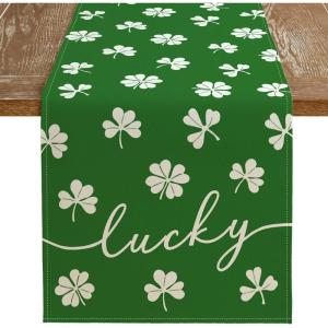 imageARKENY St Patricks Day Table Runner 13x72 Inches Shamrock Lucky Green Spring Seasonal Farmhouse Burlap Indoor Kitchen Dining Table Decorations for Home Party AT54572