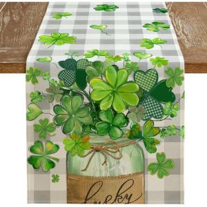 imageARKENY St Patricks Day Table Runner 13x72 Inches Shamrock Lucky Vase Spring Seasonal Farmhouse Buffalo Plaid Burlap Indoor Kitchen Dining Table Decorations for Home Party AT38772