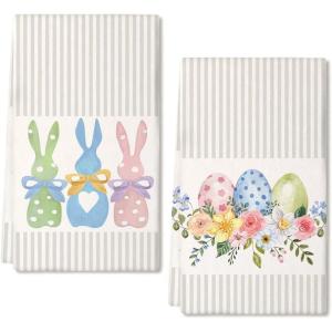 imageARKENY Easter Kitchen Towels Set of 2Beige Pink Bunny Floral Eggs Dish Towels 18x26 Inch Drying DishclothFarmhouse Home Seasonal Spring Decorations AD217Pink Egg