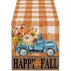 imageARKENY Happy Fall Thanksgiving Table Runner 13x72 InchesPumpkins LeavesSeasonal Burlap Farmhouse Blue Truck Indoor Outdoor Autumn Table Runner for Home Orange Plaid