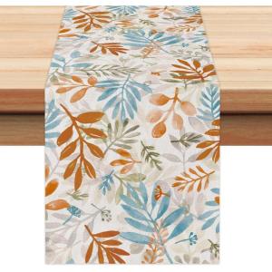 imageARKENY Fall Thanksgiving Table Runner 13x72 InchesFloral Leaves Seasonal Burlap Farmhouse Indoor Outdoor Autumn Table Runner for Home AT49172