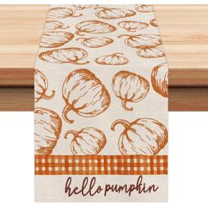 imageARKENY Fall Thanksgiving Table Runner 13x72 InchesOrange Hello Pumpkin Seasonal Burlap Farmhouse Indoor Autumn Table Runner for Home AT25872