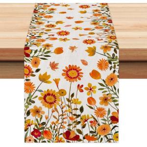 imageARKENY Fall Thanksgiving Table Runner 13x72 InchesWildflower LeavesSeasonal Burlap Farmhouse Indoor Autumn Table Runner for Home