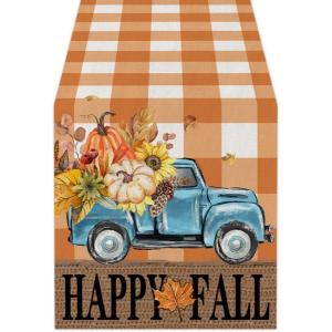 imageARKENY Happy Fall Thanksgiving Table Runner 13x72 InchesPumpkins LeavesSeasonal Burlap Farmhouse Blue Truck Indoor Outdoor Autumn Table Runner for Home Orange Plaid