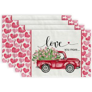 imageARKENY Mothers Day Placemats 12x18 Inches Set of 4 Love You More Truck Heart Farmhouse Burlap Pink Indoor Anniversary Wedding Valentines Table Decorations for Home Party AP53318