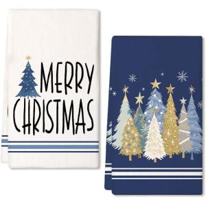 imageMerry Christmas Kitchen Towels Set of 2Blue Xmas Tree Dish Hand Towels Holiday Home Indoor Bathroom Party Seasonal Noel Decorations DD027Blue