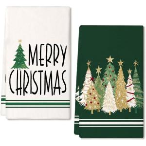imageMerry Christmas Kitchen Towels Set of 2Blue Xmas Tree Dish Hand Towels Holiday Home Indoor Bathroom Party Seasonal Noel Decorations DD027Green