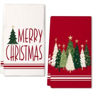 imageMerry Christmas Kitchen Towels Set of 2Blue Xmas Tree Dish Hand Towels Holiday Home Indoor Bathroom Party Seasonal Noel Decorations DD027Red