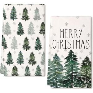 imageMerry Christmas Kitchen Towels Set of 2Green Xmas Tree Snowflake Dish Hand Towels Holiday Home Indoor Bathroom Party Seasonal Noel Decorations DD018Green