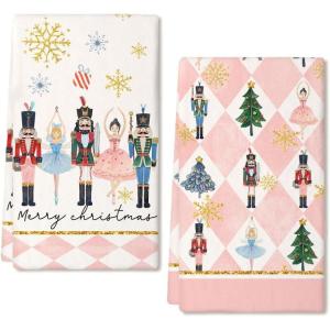 imageNutcrackers Christmas Kitchen Towels Set of 2Red Snowflake Xmas Tree Dish Hand Towels Holiday Home Indoor Bathroom Party Seasonal Noel Decorations DD036Pink
