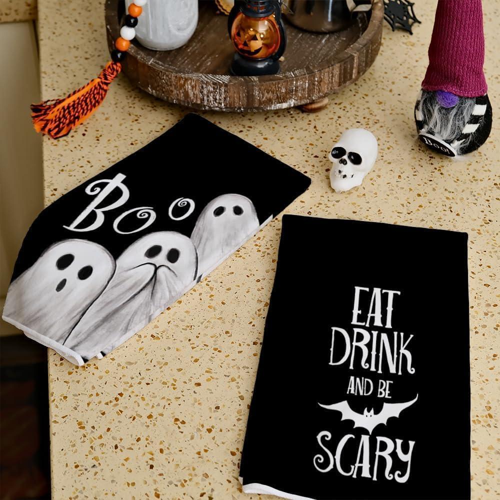 imageARKENY Ghost Halloween Kitchen Towels Set of 2Black Bat Boo Dish Towels 18x26 InchFarmhouse Home Indoor Vintage Party Decoration AD393