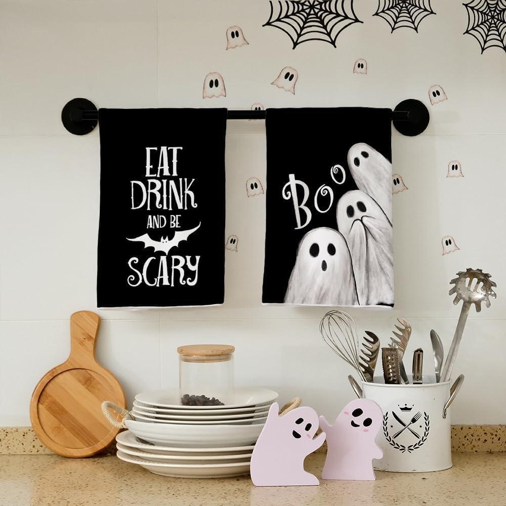 imageARKENY Ghost Halloween Kitchen Towels Set of 2Black Bat Boo Dish Towels 18x26 InchFarmhouse Home Indoor Vintage Party Decoration AD393