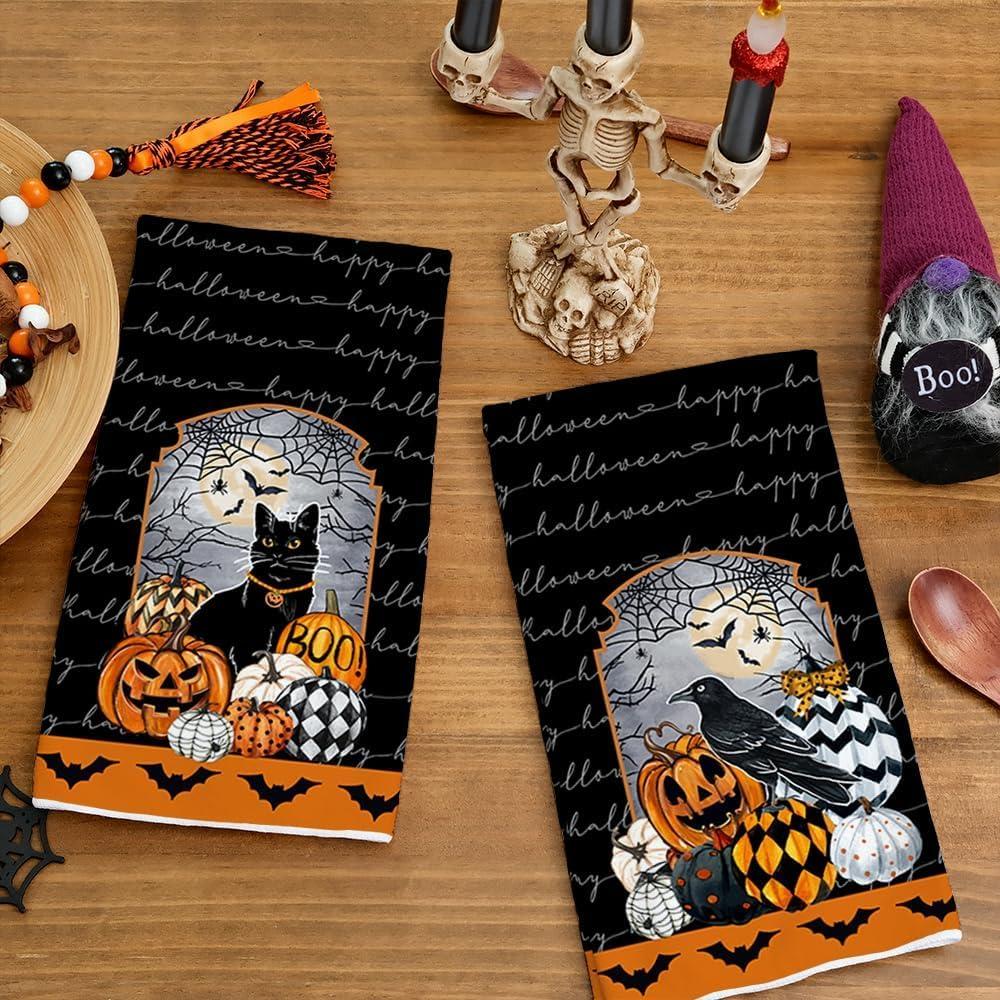 imageARKENY Pumpkin Crow Halloween Kitchen Towels Set of 2Black Bat Web Cat Dish Towels 18x26 InchFarmhouse Home Indoor Vintage Party Decoration AD396