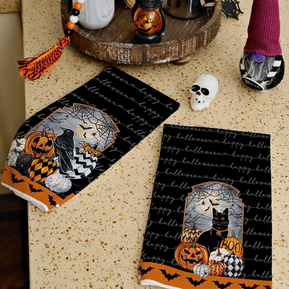 imageARKENY Pumpkin Crow Halloween Kitchen Towels Set of 2Black Bat Web Cat Dish Towels 18x26 InchFarmhouse Home Indoor Vintage Party Decoration AD396