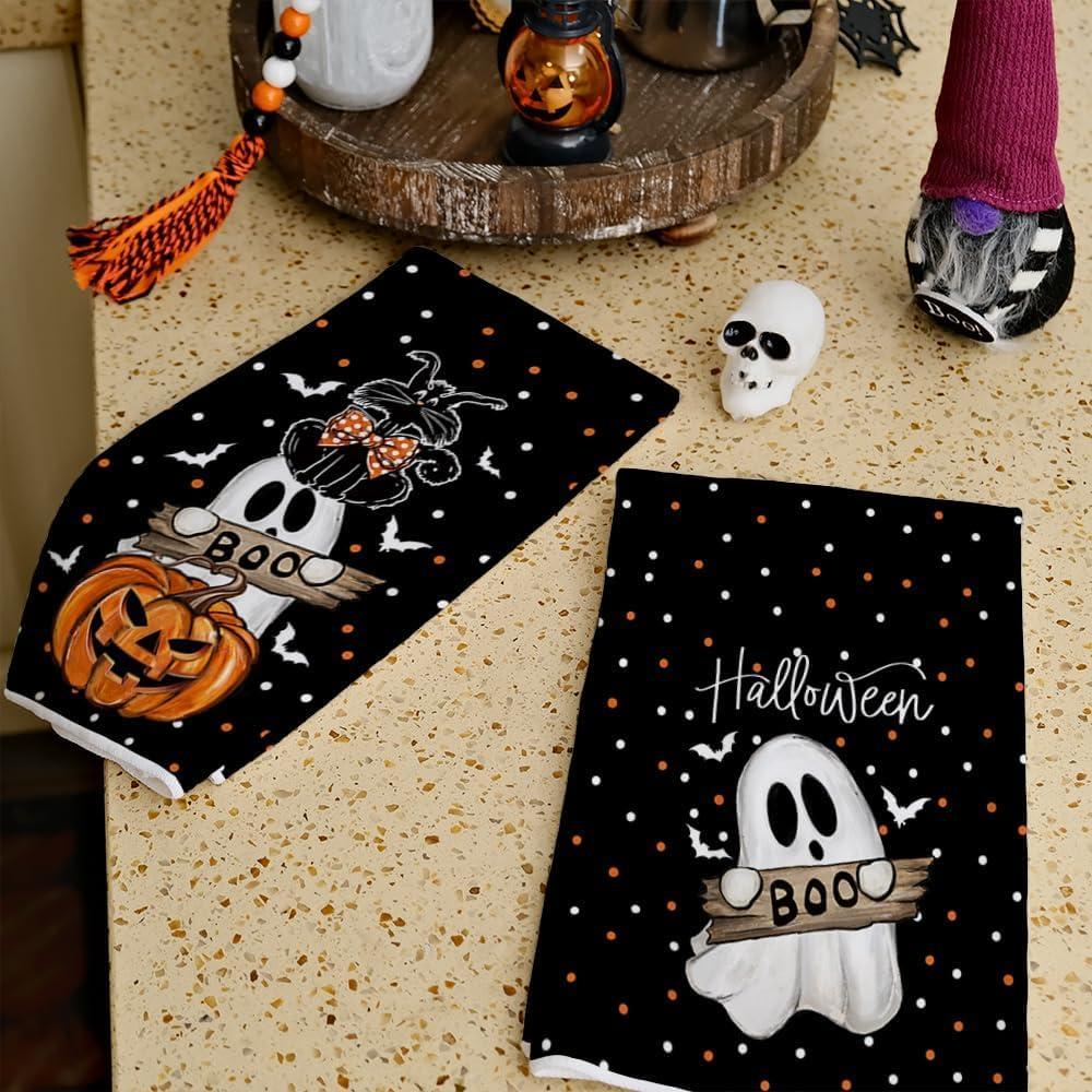 imageARKENY Pumpkin Ghost Halloween Kitchen Towels Set of 2Black Bat Cat Boo Dish Towels 18x26 InchFarmhouse Home Indoor Vintage Party Decoration AD395