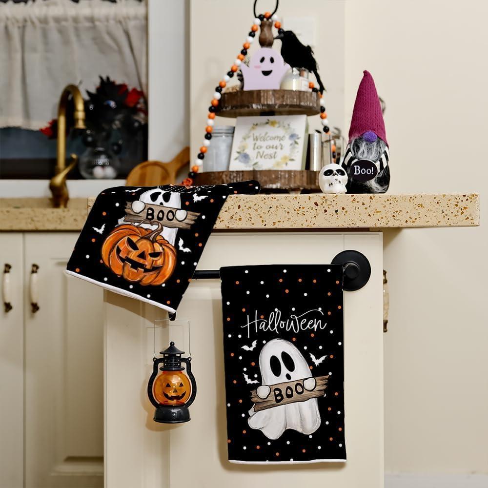 imageARKENY Pumpkin Ghost Halloween Kitchen Towels Set of 2Black Bat Cat Boo Dish Towels 18x26 InchFarmhouse Home Indoor Vintage Party Decoration AD395