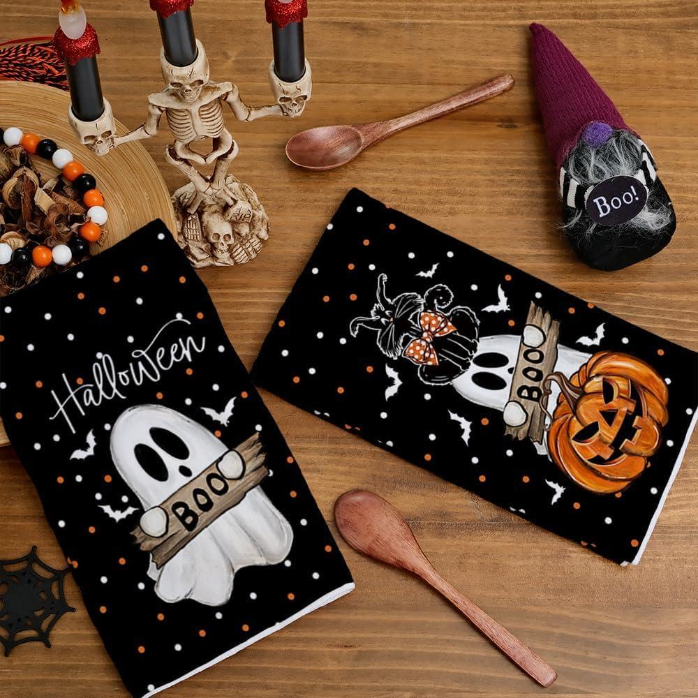 imageARKENY Pumpkin Ghost Halloween Kitchen Towels Set of 2Black Bat Cat Boo Dish Towels 18x26 InchFarmhouse Home Indoor Vintage Party Decoration AD395