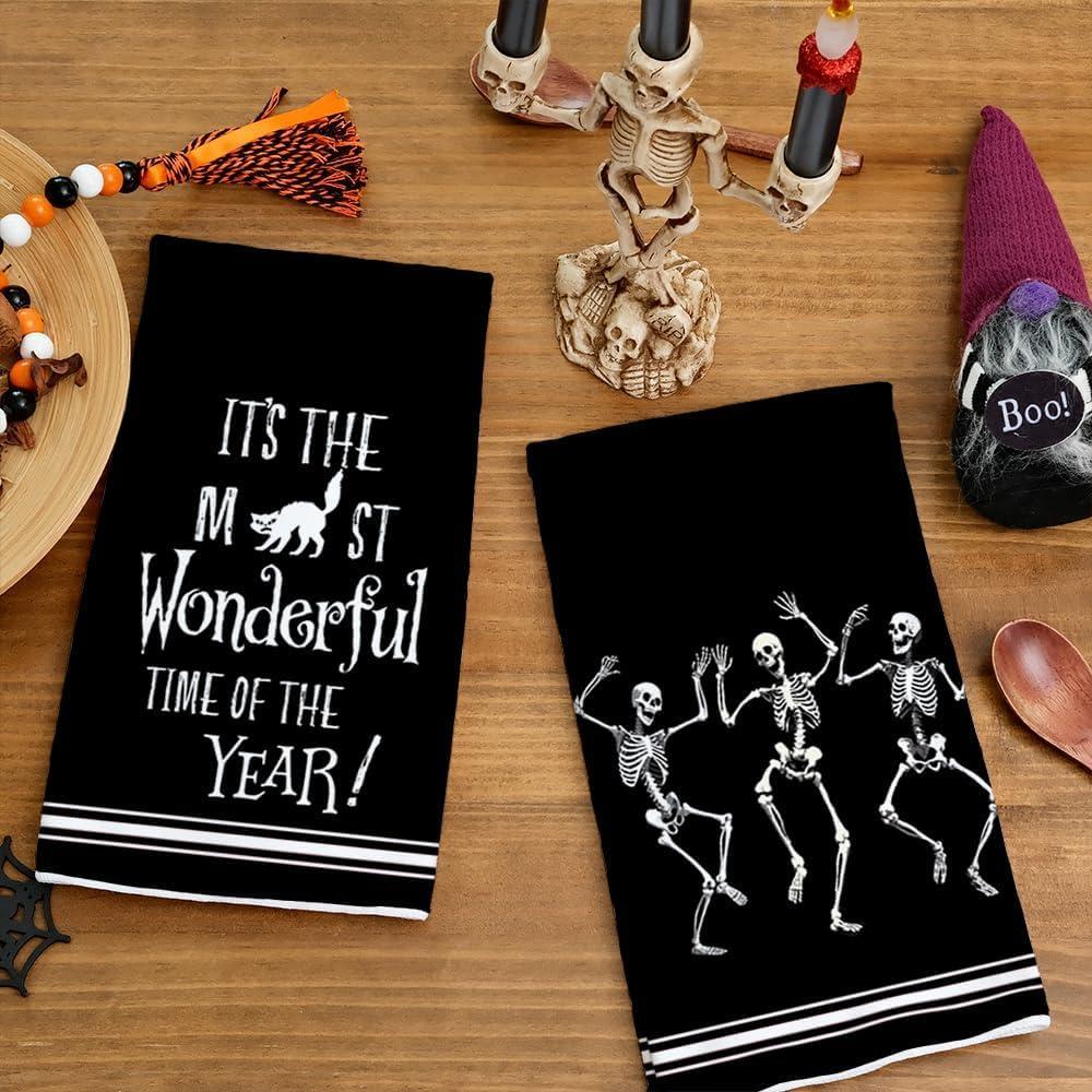 imageARKENY Skeleton Halloween Kitchen Towels Set of 2Black Cat Dish Towels 18x26 InchFarmhouse Home Indoor Vintage Party Decoration AD392