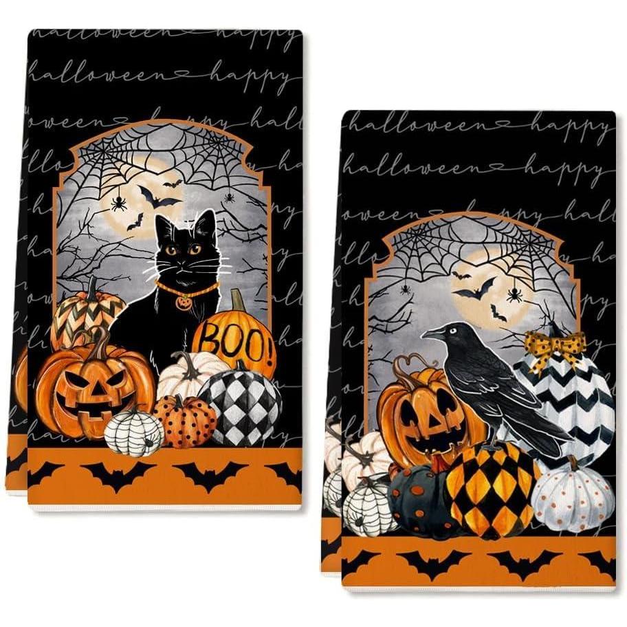 imageARKENY Pumpkin Crow Halloween Kitchen Towels Set of 2Black Bat Web Cat Dish Towels 18x26 InchFarmhouse Home Indoor Vintage Party Decoration AD396